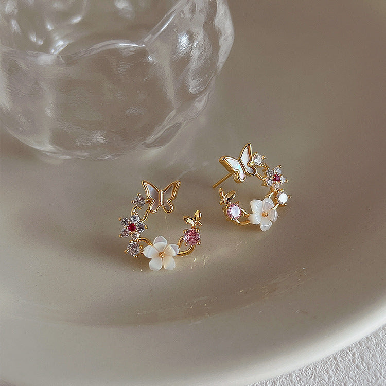 Super Fairy Zircon Shell Flower Butterfly Female Simple Earrings