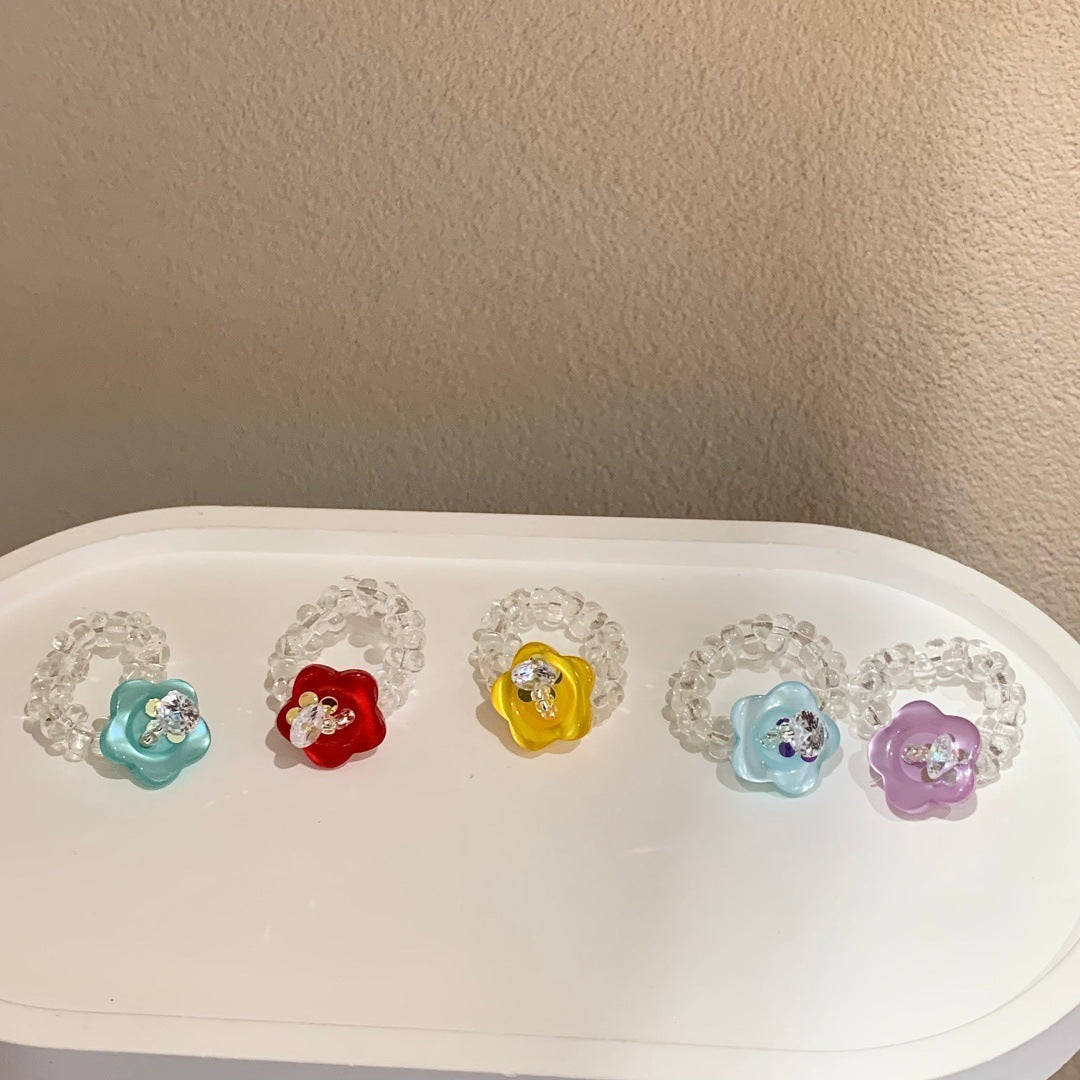 Handmade Flower Button Fun Imported Elastic String Dopamine Color Ring