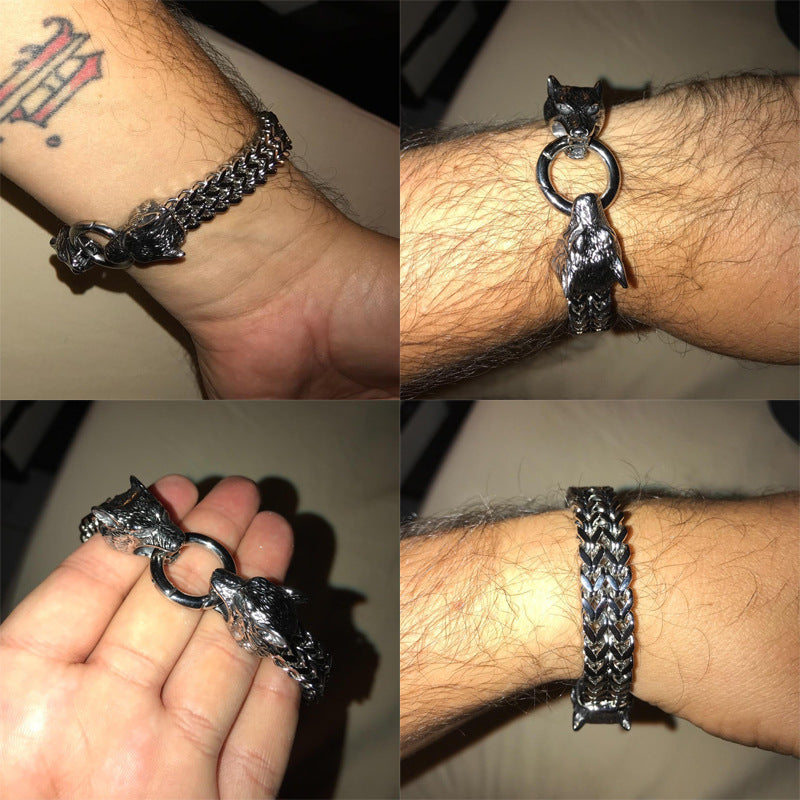 Retro-Armbänder mit Wolfskopfkette für Herren aus Edelstahl