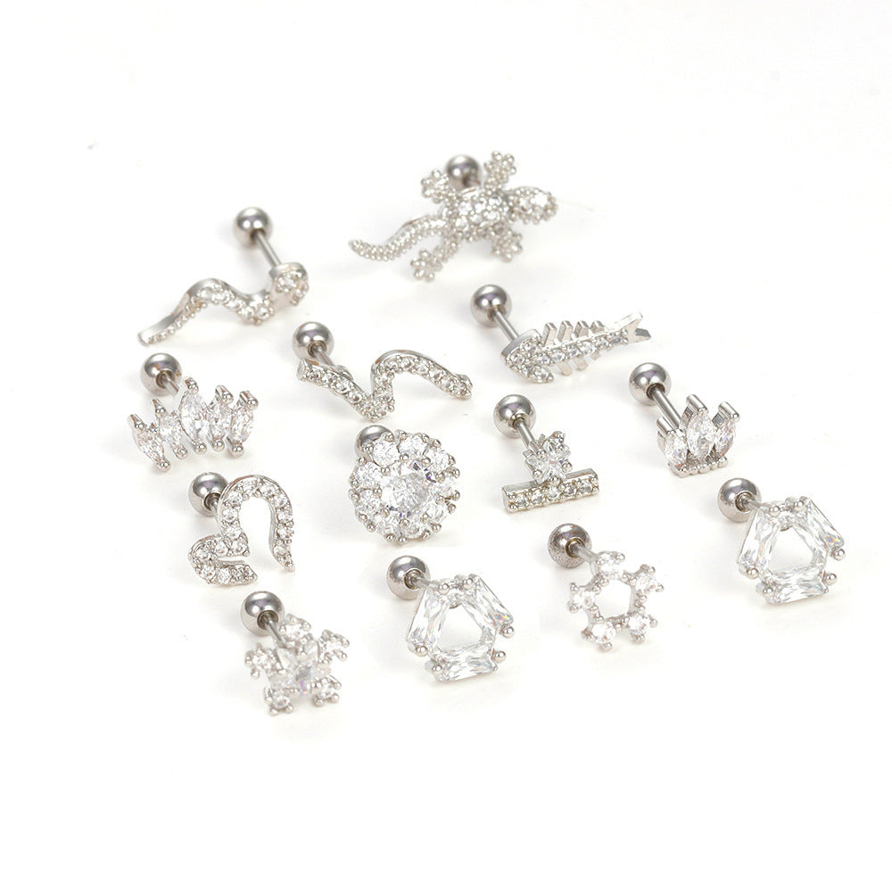 Stainless Steel Thin Rod Ear Micro Inlaid Zircon Stud Earrings