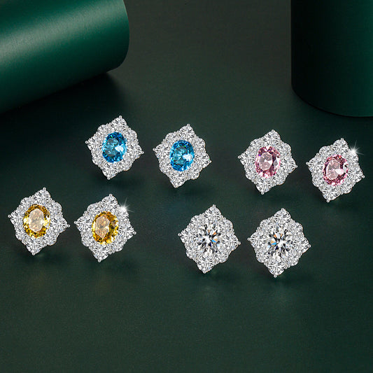 Fashion Flower Colored Gems Sier Female Earrings