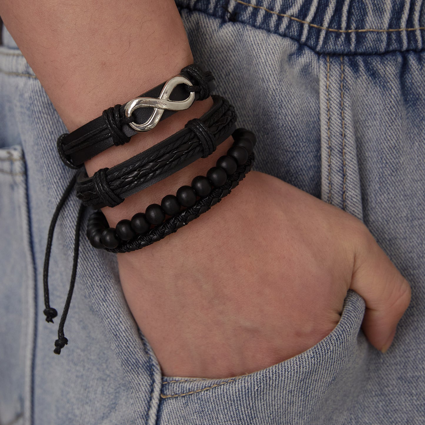 Bracelets de costume tissés à la mode en cuir perlé pour hommes