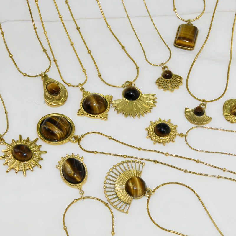 Women's Tigereye Round Titanium Steel Style Clavicle Chain Personalized Minority Design Pendants