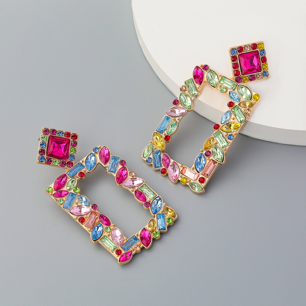 Women's Rectangular Alloy Diamond Rhinestone Colorful Crystals Geometric Earrings