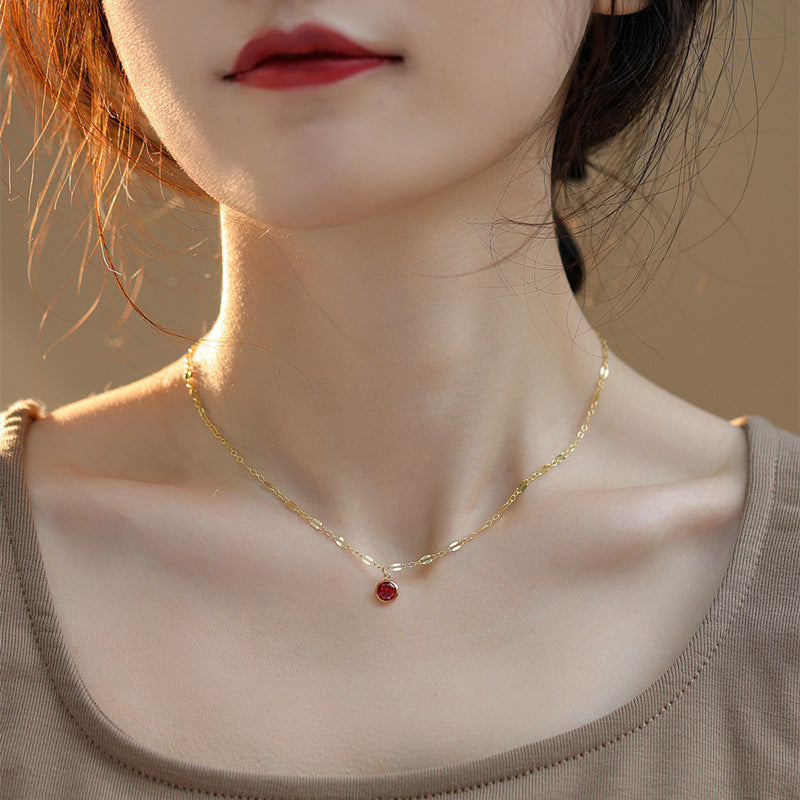 Gem Rose Red Sense Sier Clavicle Necklaces