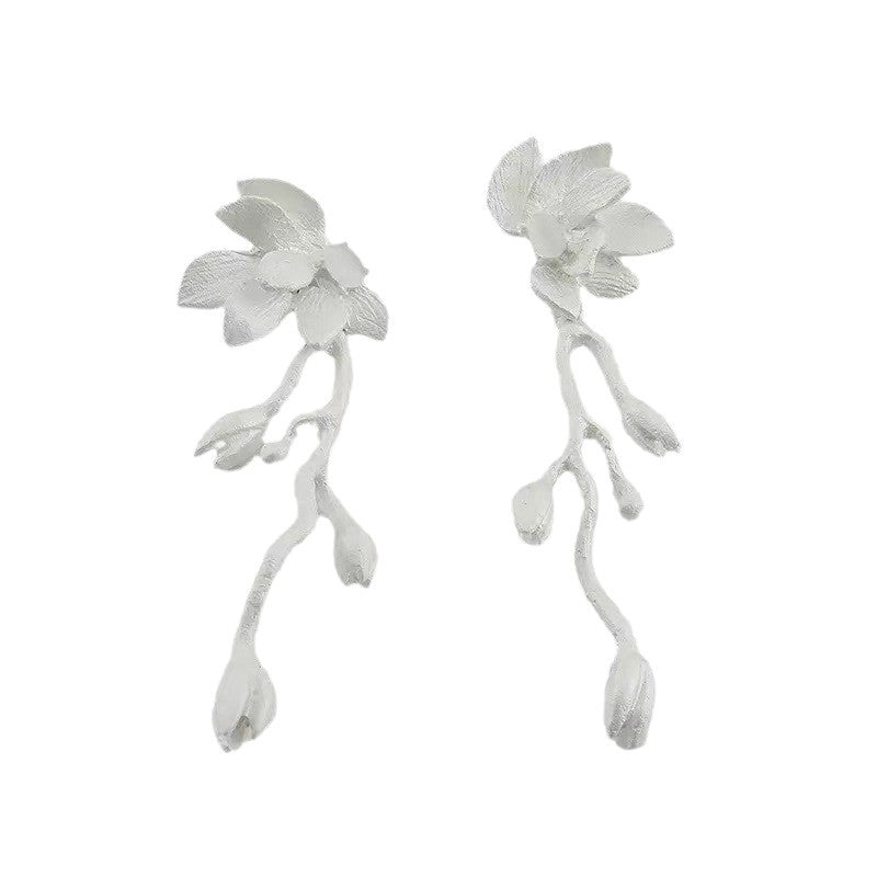 Women's Chinese White Magnolia Twig High Sense Long Ear Stud Earrings