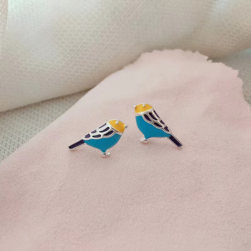 Colorful Bird Ear Female Sier Needle Earrings