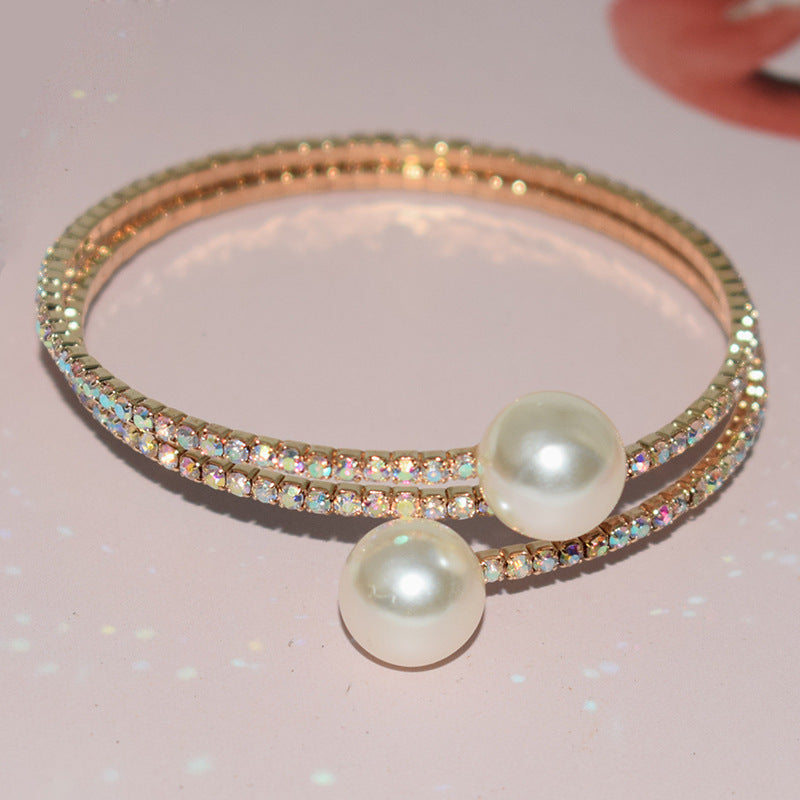 Fashion Bridal Elegant Shiny Rhinestone Pearl Single Row Hand Bracelet