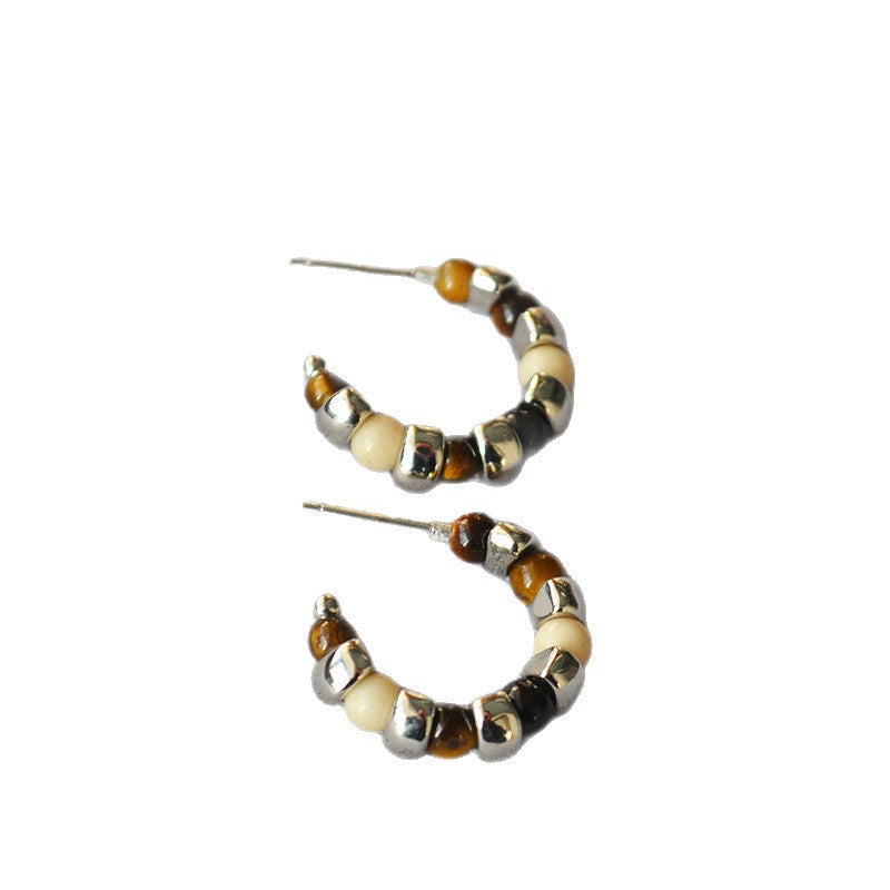 Design Vintage Tigereye Sier Beaded Simple Personality Temperament Ear Rings