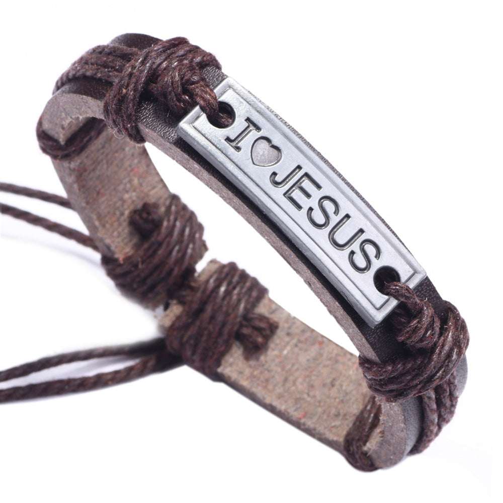 Bracelets à lettres anglaises en alliage de cuir véritable tissé pour hommes