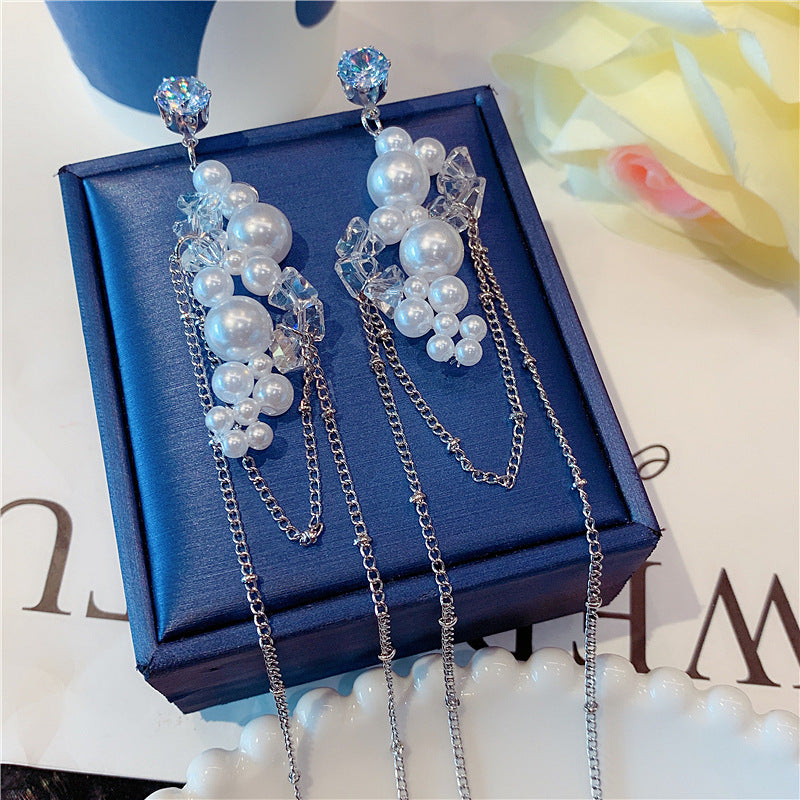 Women's Pearl Crystal Tassel High Sense Light Stud Earrings