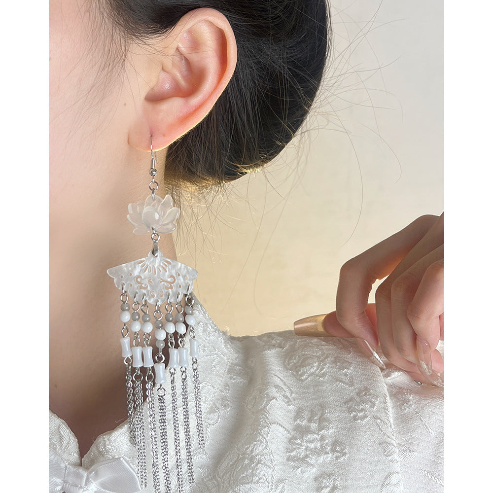 Women's Style Natural Lotus Jade Hollow Out Fan Beaded Tassel Ancient Earrings