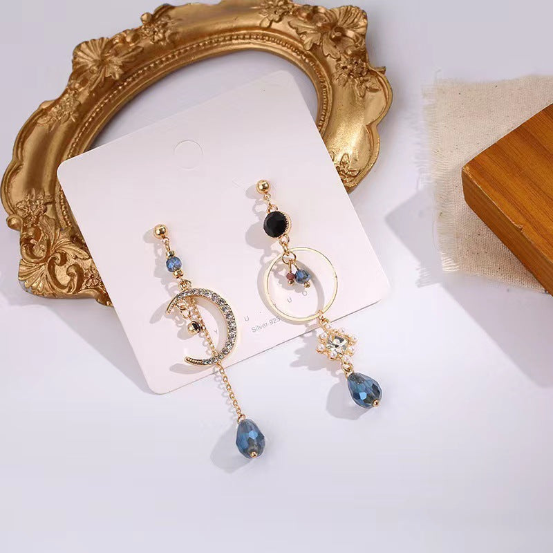 Water Drop Moon Blue Shiny Diamond Tassel Rings