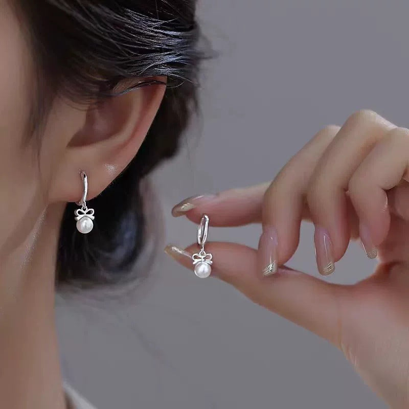 Sier Needle Tassel Bow Artificial Pearl Female Ear Buckle