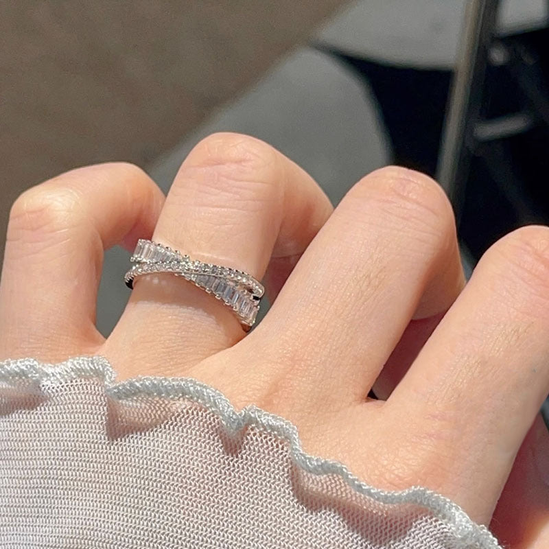 Light Luxury Full Diamond Open Female Cold Wind Geometric Cross Ring