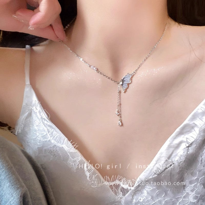 Rhinestone Butterfly Female Sense Light Luxury Temperament Niche Double Layer Necklace