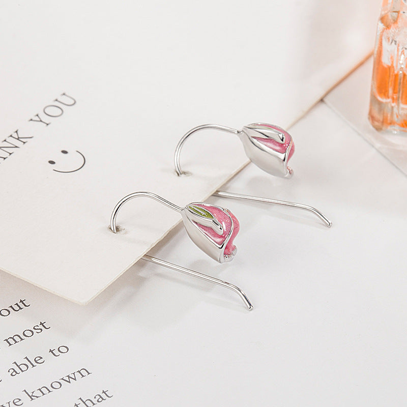 Women's Pink Tulip Elegant Face Small Ear Earrings