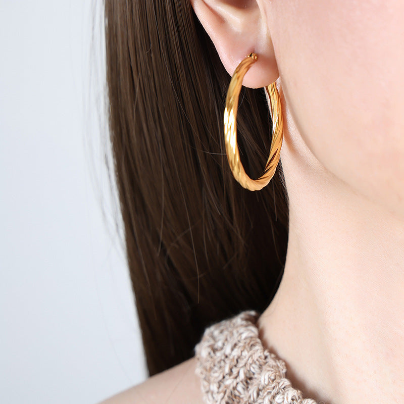 Gold Stainless Steel Cable Lines Ear Wind Titanium Exaggerated Twist Earrings