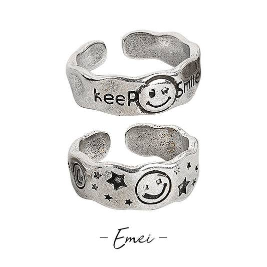 Retro Distressed Smiley Face Smile Letter Personality Rings