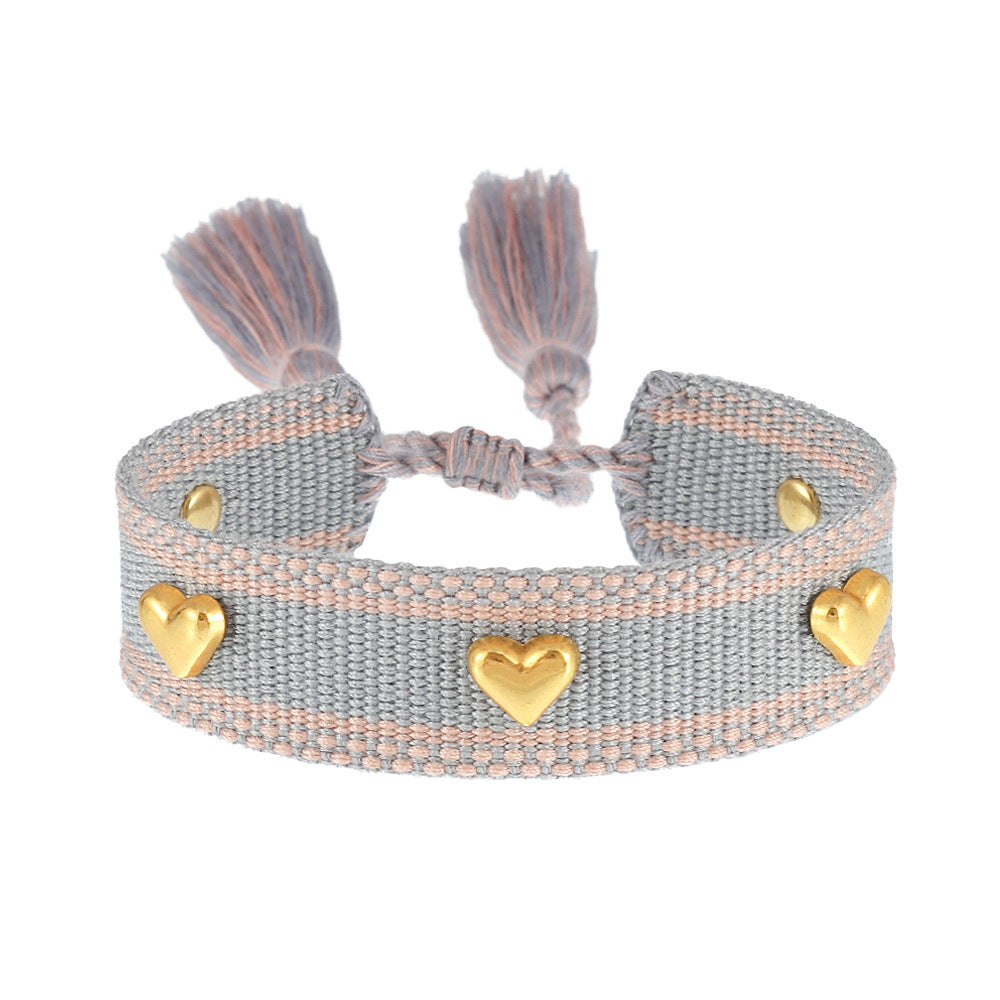 Couple Golden Heart-shaped Carrying Strap Hand-woven Tassel Bracelets