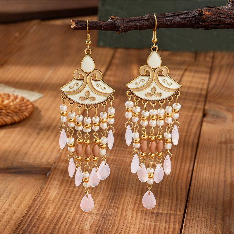 Ethnic Style Tassel Long Bohemian Crystal Yunnan Summer Earrings