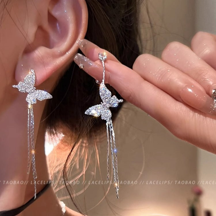 Ice Butterfly Dancing Asymmetric Tassel Female Earrings
