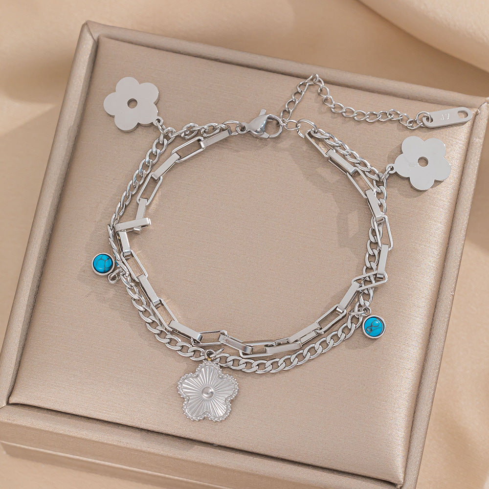 Women's Stainless Steel Gold-plated Laser Twin Five-leaf Bracelets