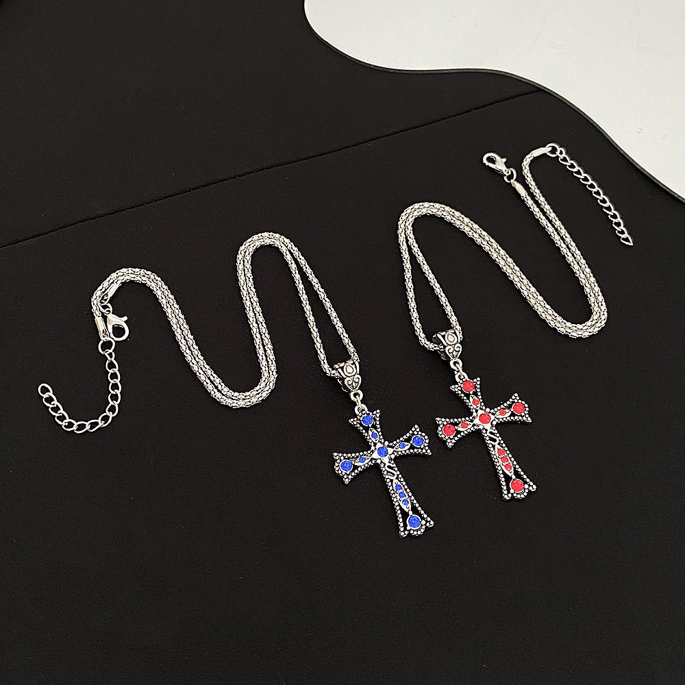 Retro Style Colorful Zircon Hollow Letter Cross Necklaces