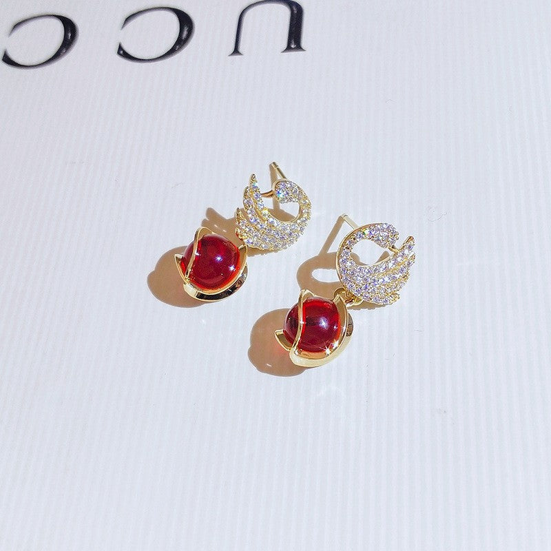 High-grade Swan Trendy Temperament Red Opal Earrings