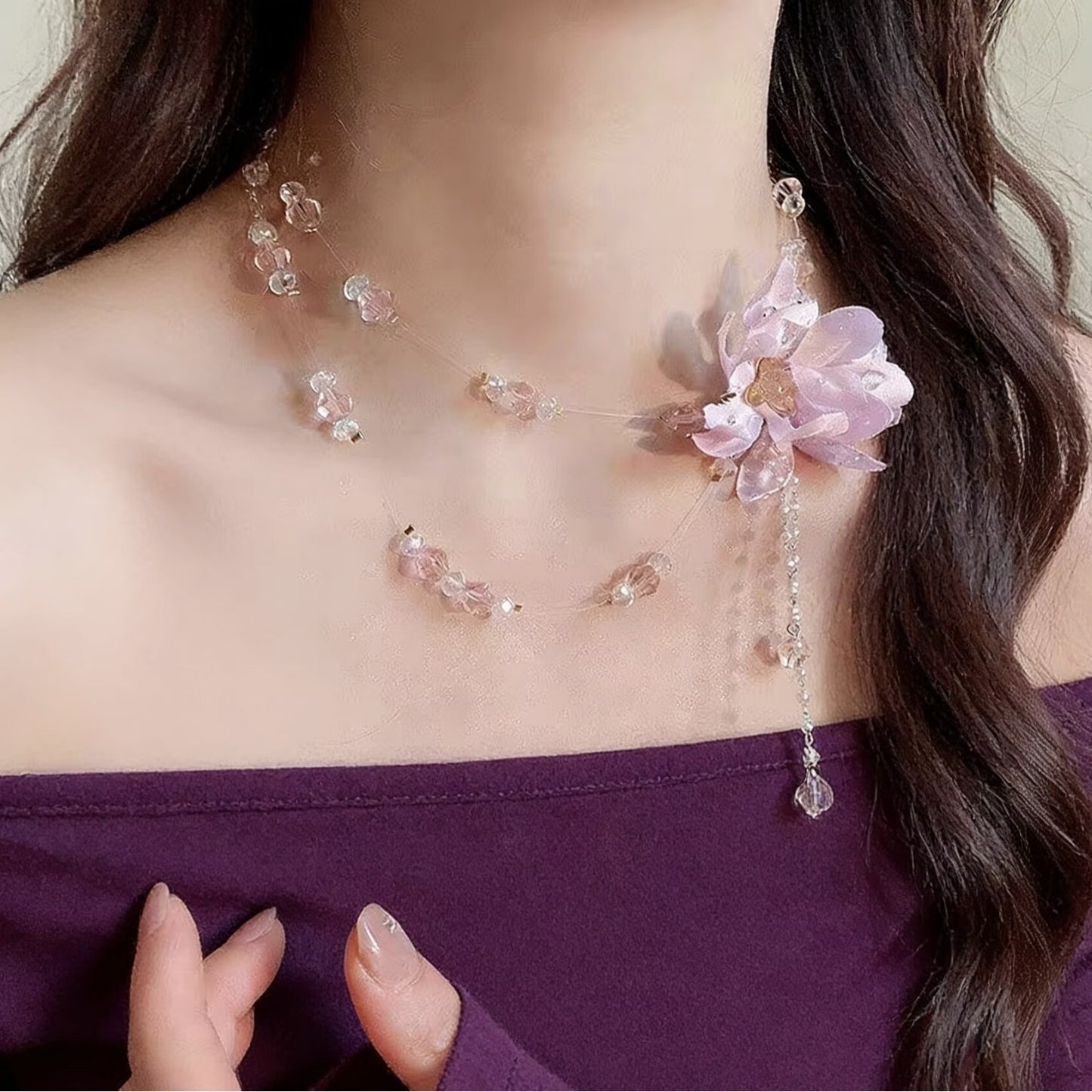Style Double Layer Transparent Beaded Flower Light Luxury Clavicle Chain Necklaces