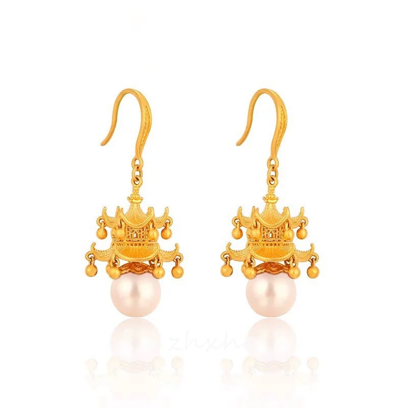 Alluvial Gold Palace Style Hexagonal Loft Pearl Earrings