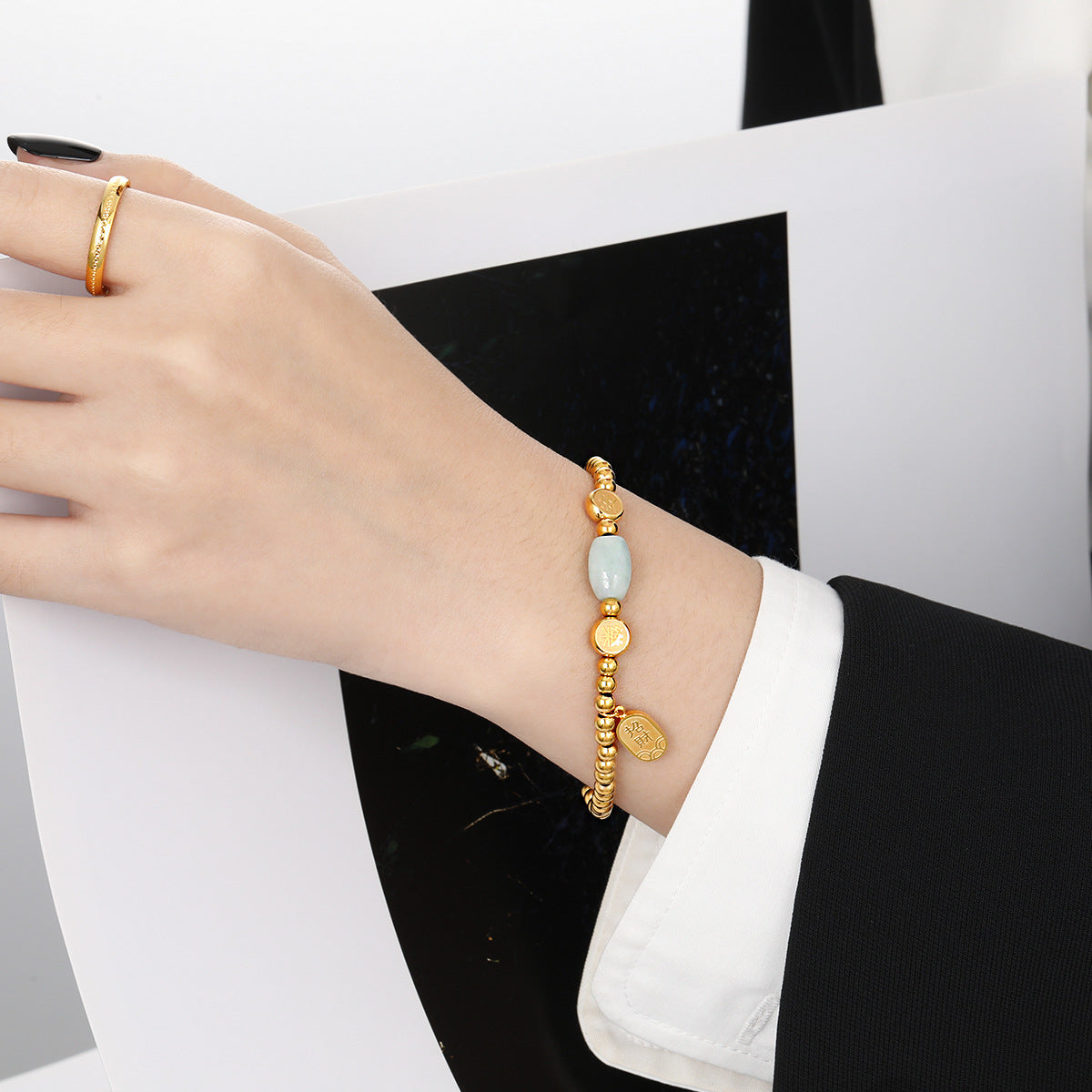 Ethnic Style Simple Natural Jade Elastic String Female Unique Gold-plated Bracelet