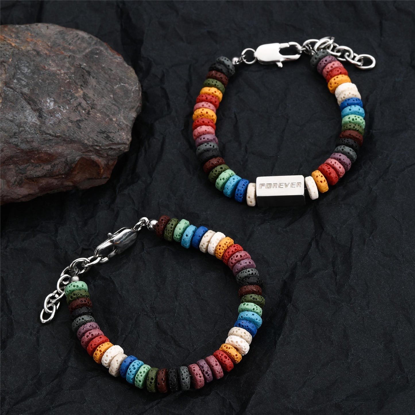 Bracelets de hanche masculins en acier titane et roche volcanique