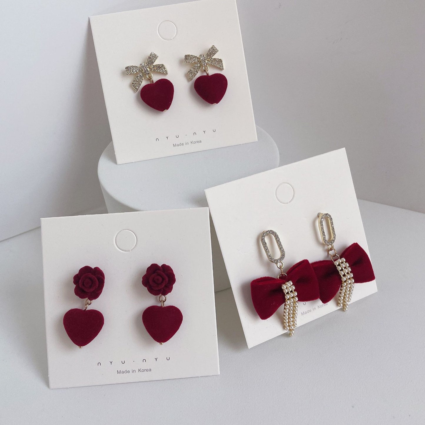 Sier Red Veet Bow Heart Pearl Rings