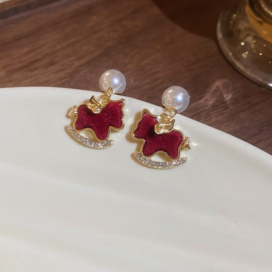 Red Veet Pony Bead Retro Elegant Slightly Zircon Stud Earrings