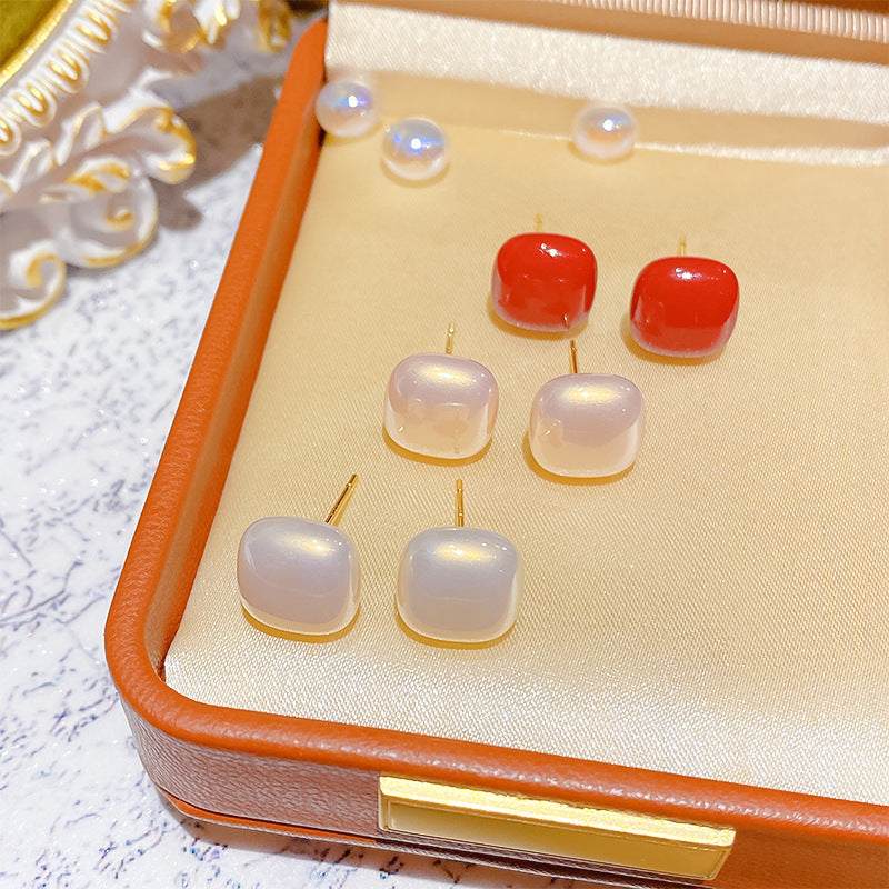 Sier Needle High-grade Temperament Cube Sugar Geometric Pearl Rings