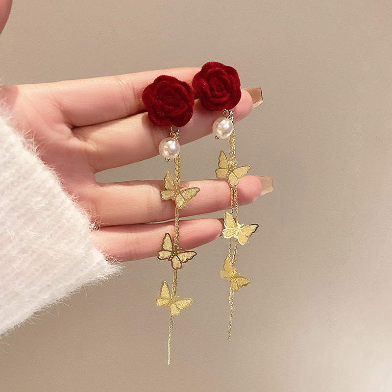 Women's Red Flower Long Butterfly Tassel Light Luxury High Sense Earrings