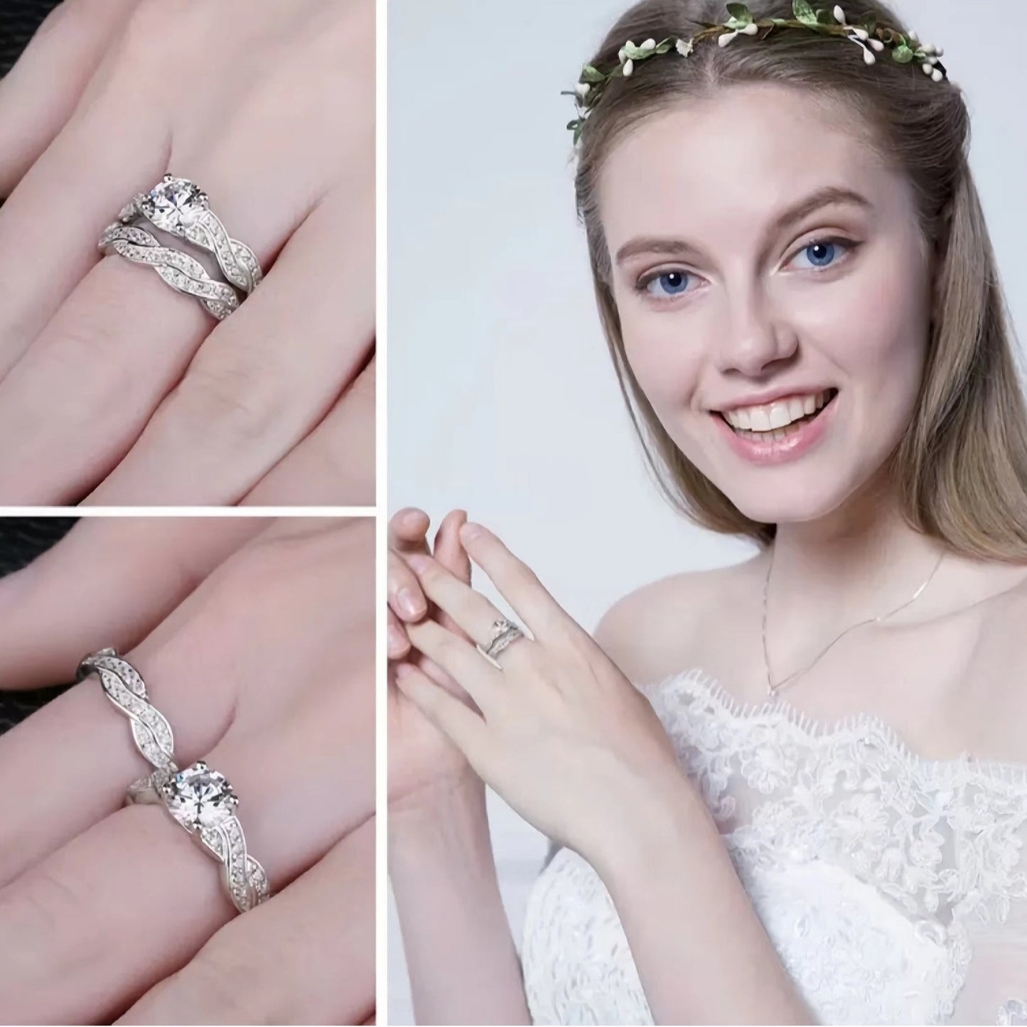Inlaid White Zirconium Vine Two-piece Diamond Shank Ring
