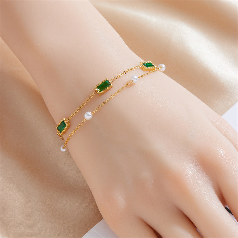 Fashion Twin Gold-plated Stainless Steel Chain Square Bracelet