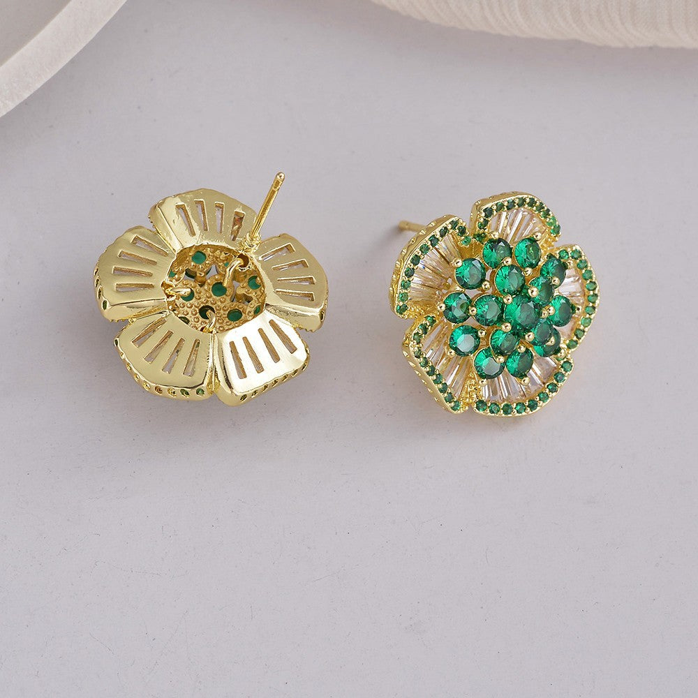 Green Inlaid Camellia Style Ear Niche Personality Design High-grade Stud Earrings