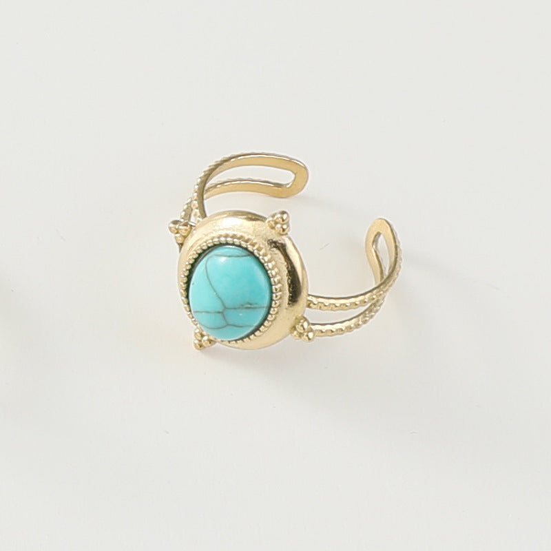 Stainless Steel Ladies Natural Stone Turquoise Shank Retro Ring