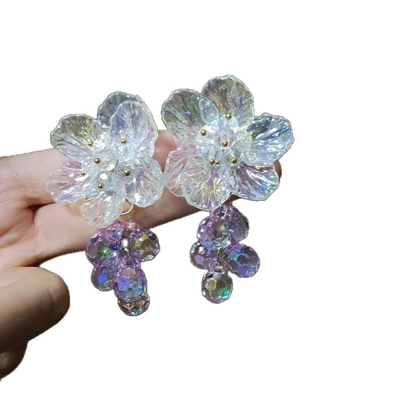 Sier Needle Crystal Flowers Beaded Tassel Fresh Sweet Beautiful Fashion Stud Earrings