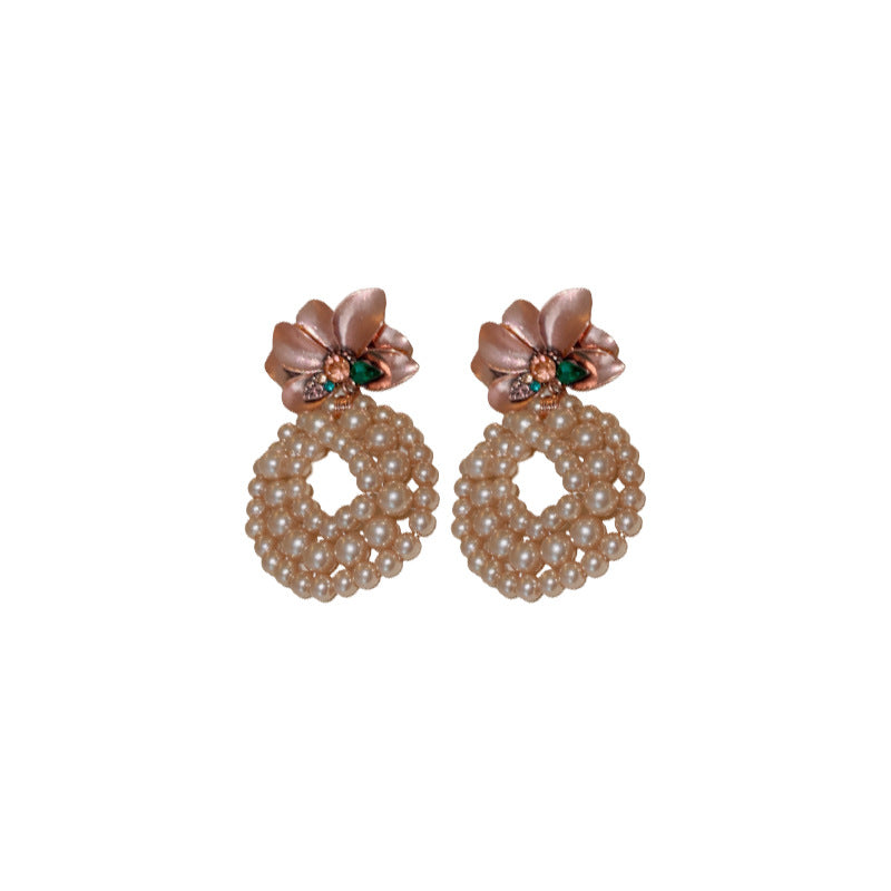 Women's Sier Needle Retro Diamonds Flower Pearl Earrings