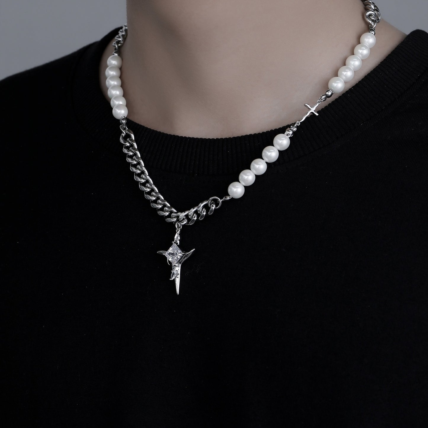 Men's Titanium Steel Pearl Cross Light Luxury Minority Necklace