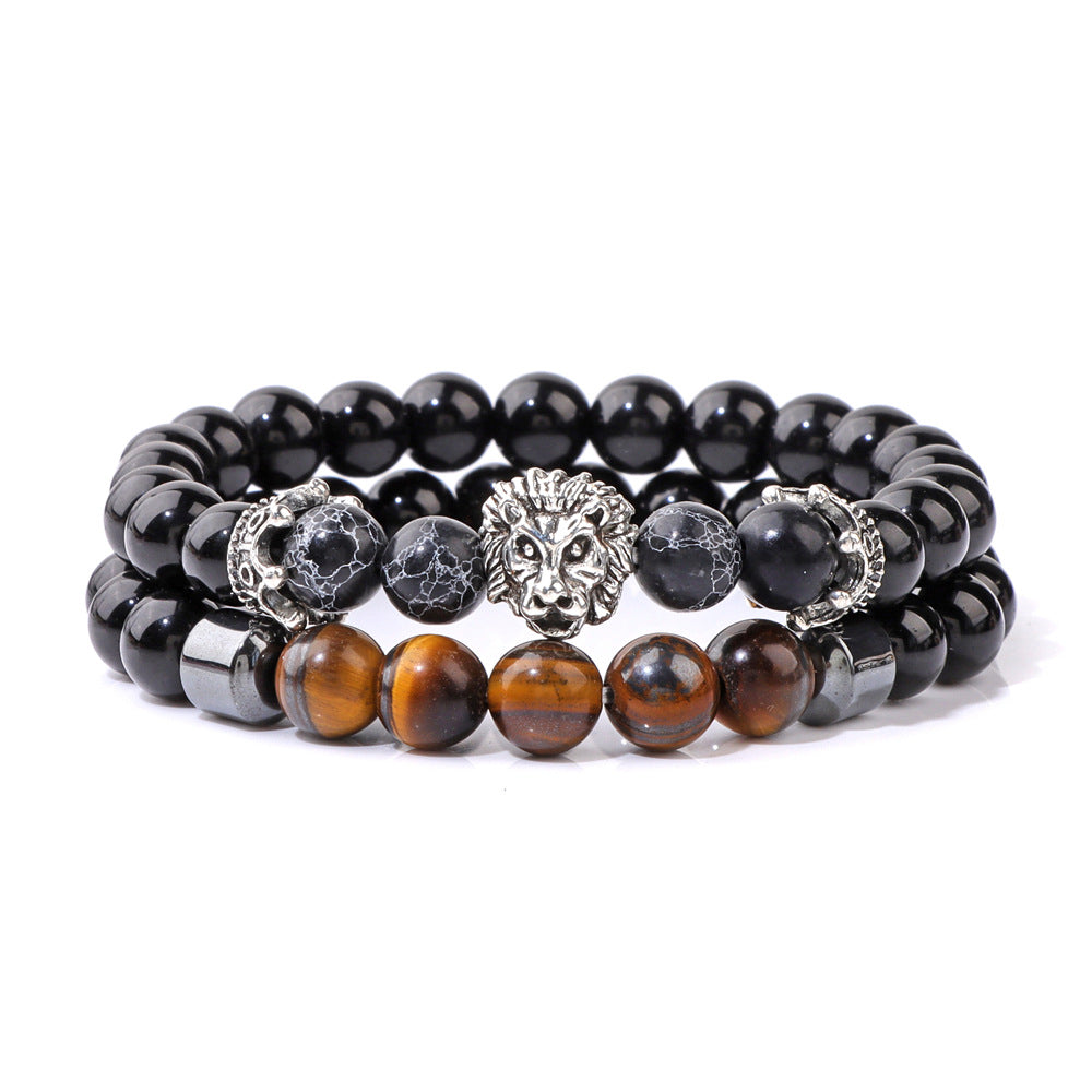 Men's Natural Stone Beads Retro Business Bright Black Lion's Bracelet