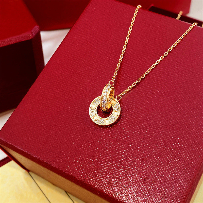 Cake Double Full Diamond Circle Buckle Pendant Necklaces