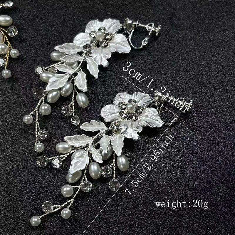 Wedding Bride Handmade Ear Flower Clip No Pierced Bead Earrings