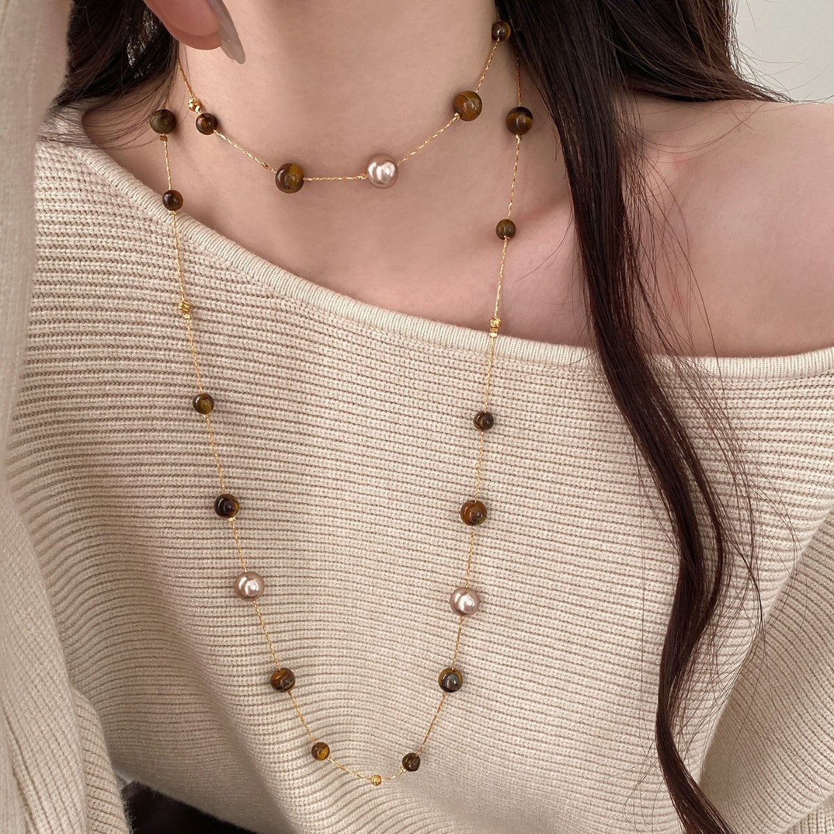Women's Double Layer Twin Tiger Eye Light Luxury Minority High-grade French Necklace