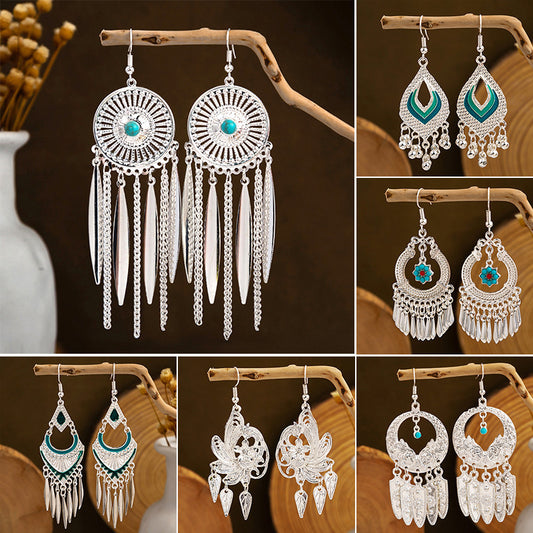 Ethnic Style Imitation Miao Sier Colorful Long Feather Tassel Earrings
