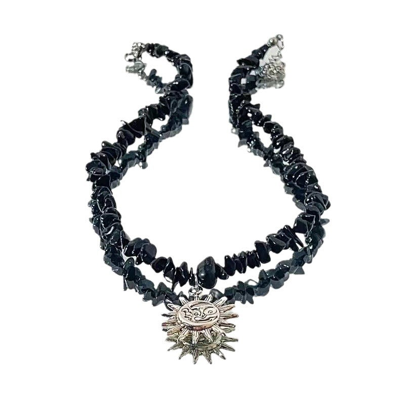 Women's Sunflower Design Black Gravel Sweater Chain Tide Necklaces